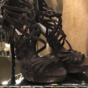 KELSI DAGGER Black Snakeskin Strappy Heels